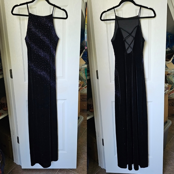 90's Vintage Velvet Beaded Cosmic Galaxy Starry Celestial Maxi Prom Dress - Picture 2 of 12